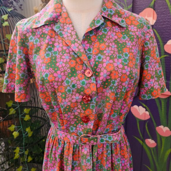 Vintage 1950's Mod Floral Print Shirtwaist Dress, Handmade - Picture 5 of 17